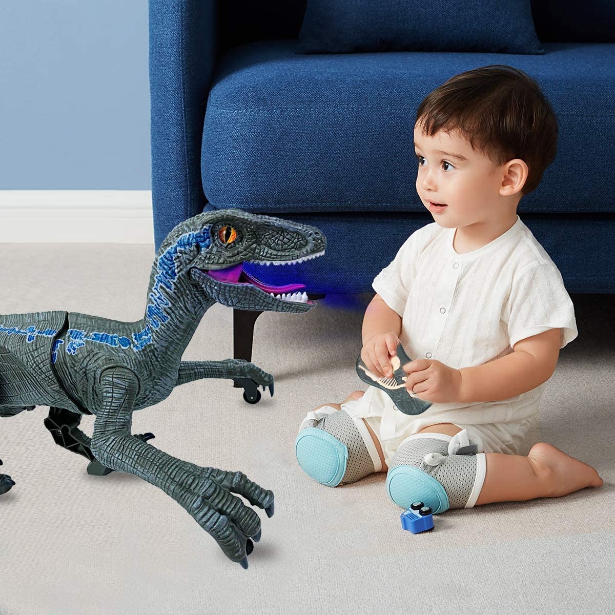 Jucarie interactiva Dinozaur cu telecomanda, Velociraptor cu lumini si sunete, Gri