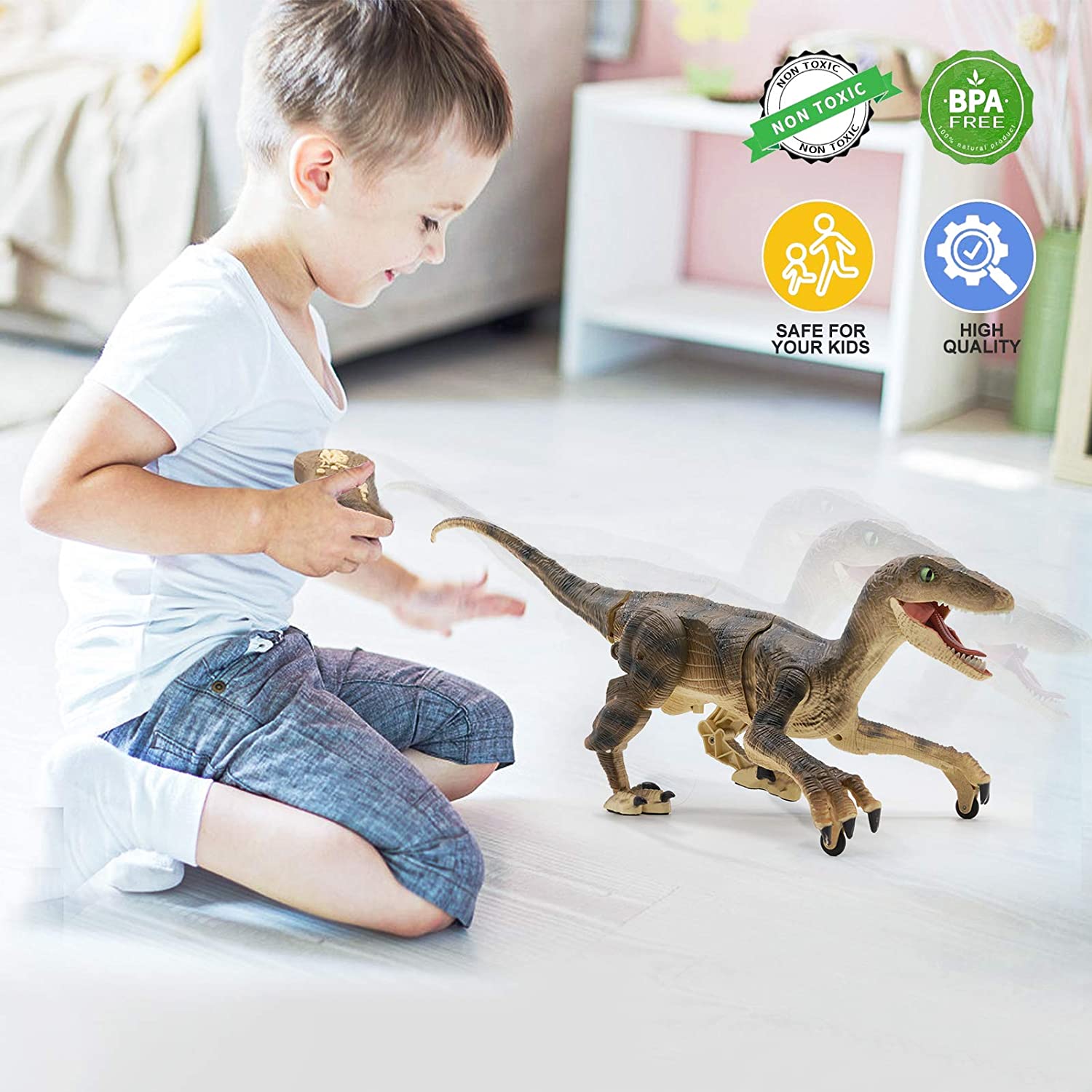 Jucarie interactiva, Dinozaur cu telecomanda, Figurina Velociraptor cu lumini si sunete realiste