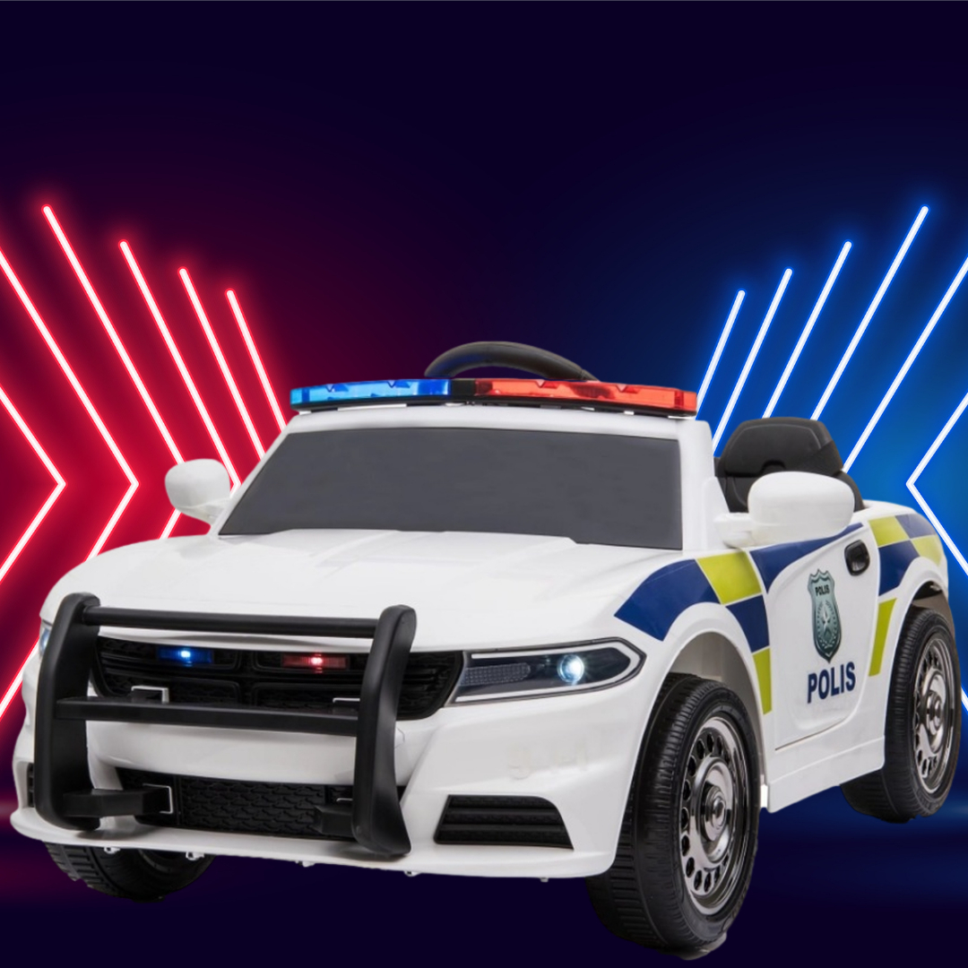 Masinuta electrica de politie cu telecomanda pentru copii, 3 viteze, amortizeaza socuri, Megafon inclus, Alba