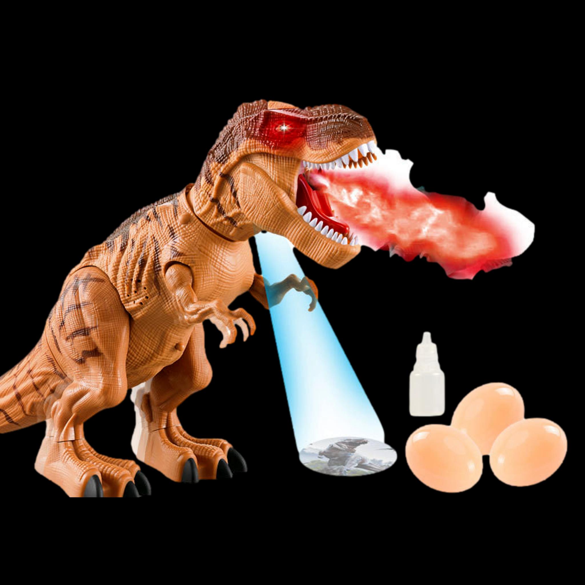 Dinozaur, Jucarie interactiva, face oua, lumini, sunete si miscari realiste, 3 oua de dinozaur incluse, cu sunete si lumini, maro