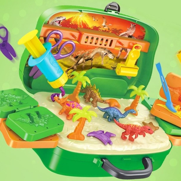 Set Plastilina pentru copii, Set creativ cu Dinozauri "Valiza pe roti" 2 in 1, maner portabil si roti, cu plastilina si accesorii forme