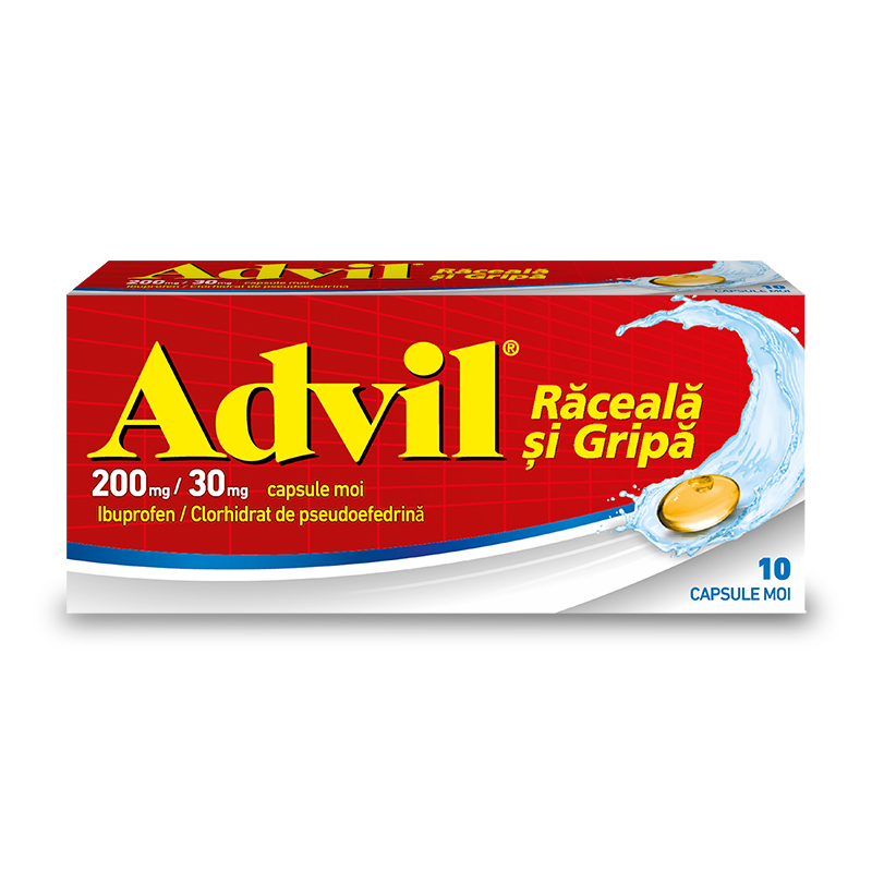 Raceala si gripa - Advil Raceala si Gripa 200 mg/ 30 mg, 10 Capsule Moi, Gsk, farmacieieftina.ro