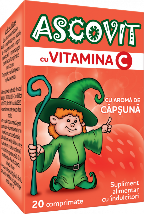 Imunitate - Ascovit cu Vitamina C Aroma de Capsuni, 20 Comprimate, farmacieieftina.ro