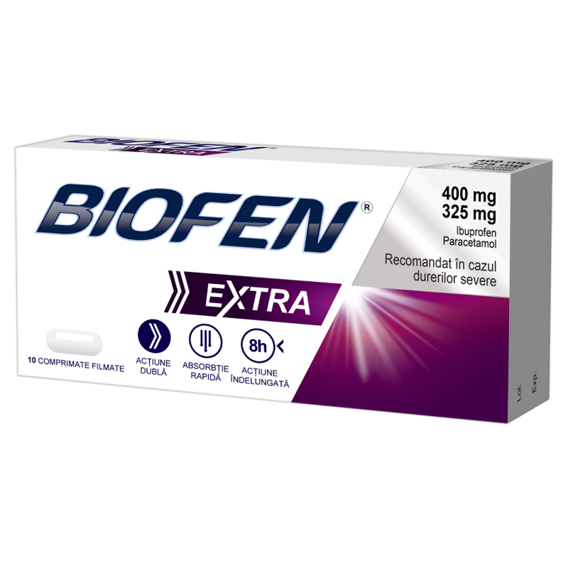 Raceala si gripa - Biofen Extra 400mg/325mg, 10 Comprimate Filmate, Biofarm, farmacieieftina.ro