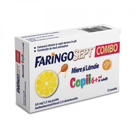 Durere in gat - Faringosept Combo Miere si Lamaie, copii 6+ si adulti, 0,6 mg / 1,2 mg, 12 pastile, farmacieieftina.ro