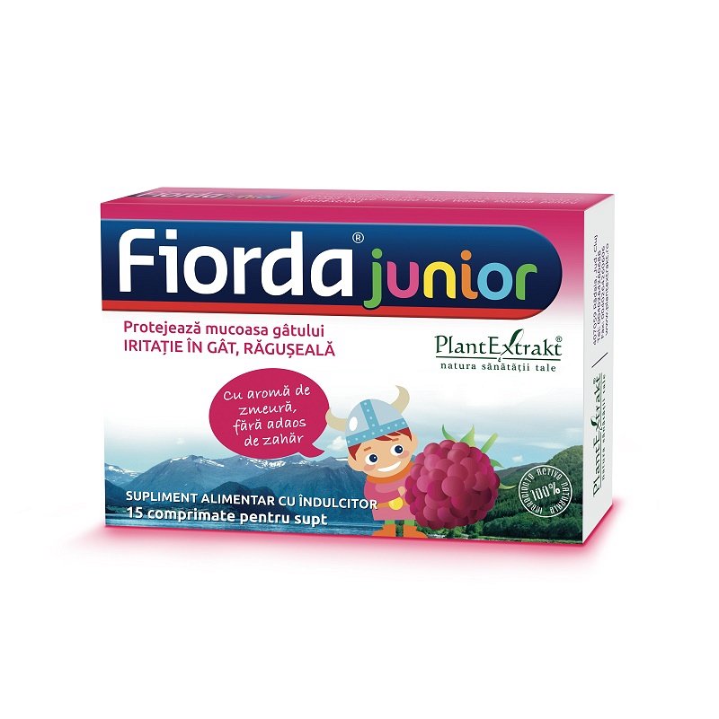 Durere in gat - Fiorda Junior cu Aroma de Zmeura, 15 Comprimate, farmacieieftina.ro