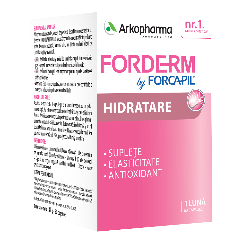 Caderea parului - Forcapil Forderm Hidratant, 60 capsule, Arkopharma, farmacieieftina.ro