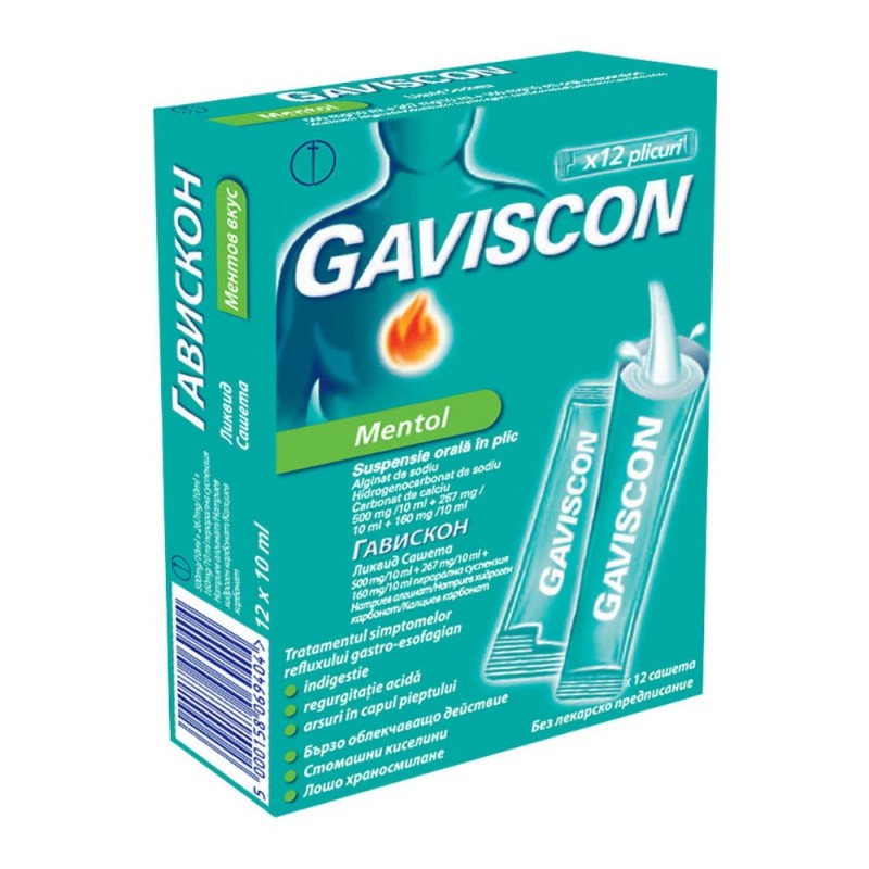 Afectiuni digestive si intestinale - Gaviscon Mentol 12 Plicuri 10ml Suspensie  Orala, farmacieieftina.ro