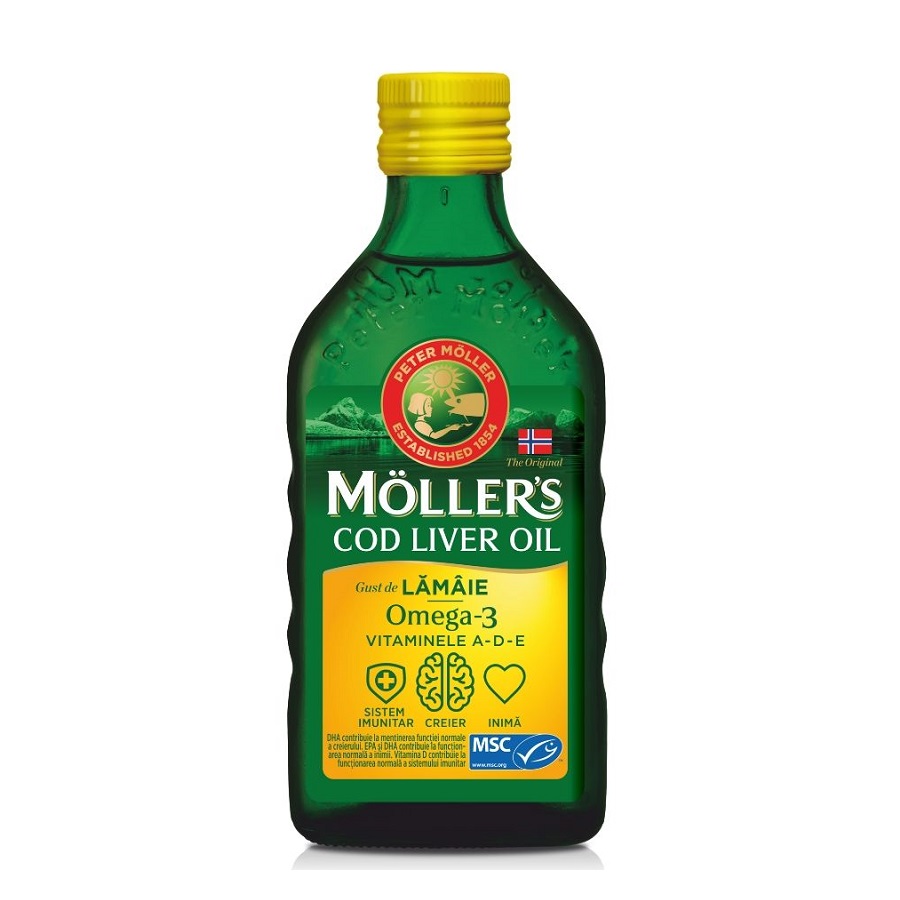 Oboseala si stres - Omega 3 Ulei Ficat de Cod cu Aroma de Lamaie, 250 ml, Moller'S, farmacieieftina.ro