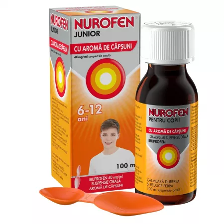 Raceala si gripa - Nurofen Junior Sirop Capsuni 6-12 ani, 100 ml, farmacieieftina.ro