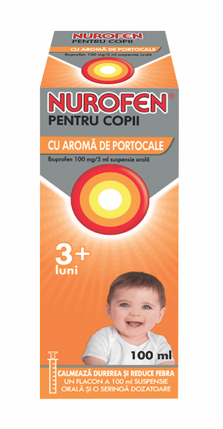 Raceala si gripa - Nurofen pentru Copii 3+ Luni Aroma de Portocale, 100 mg/5 ml, 100 ml, Reckitt Benckiser, farmacieieftina.ro
