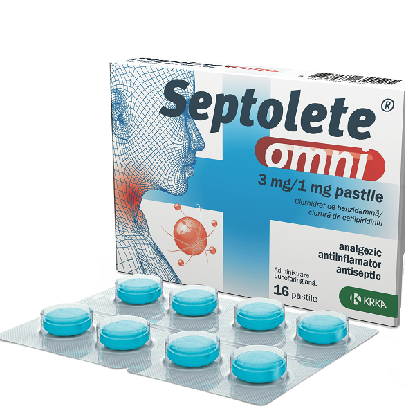 Durere in gat - Septolete Omni Eucalipt, 3 mg/1 mg, 16 Pastile, Krka, farmacieieftina.ro