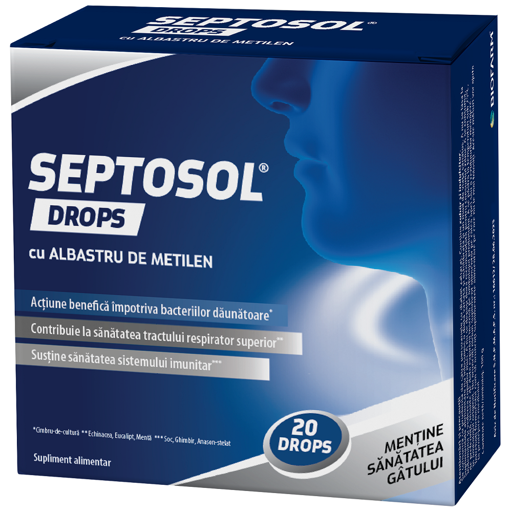 Afectiuni respiratorii - Septosol Drops cu Albastru de Metilen 20 buc Biofarm, farmacieieftina.ro