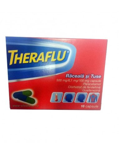 Raceala si gripa - Theraflu Raceala si Tuse, 500 mg/6,1 mg/100 mg, 16 Capsule, Gsk, farmacieieftina.ro