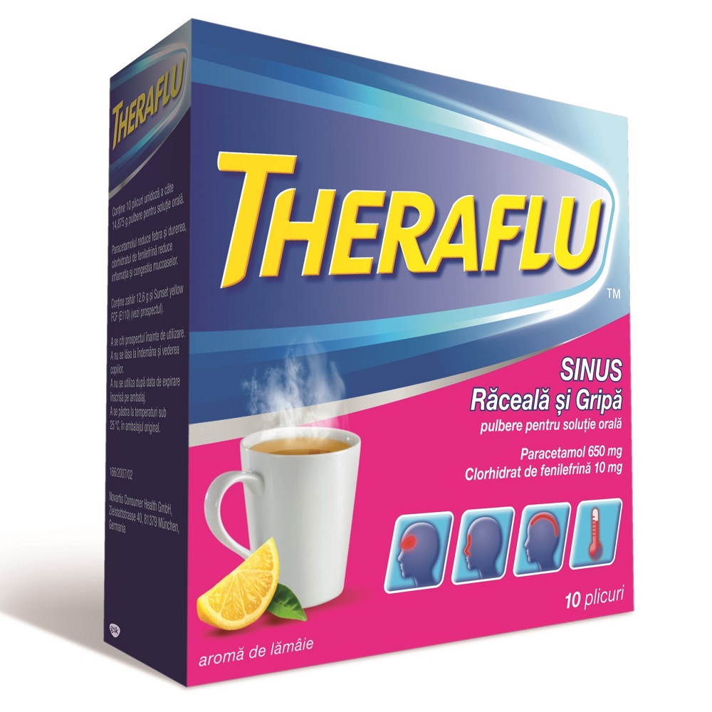 Raceala si gripa - Theraflu Sinus Raceala & Gripa  650mg / 10 mg Pulbere Solutie Orala, 10 plicuri, farmacieieftina.ro