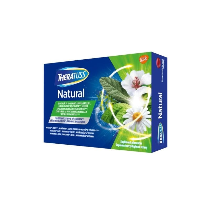 Durere in gat - Theratuss Naturals cu Aroma Musetel si Menta, 16 Comprimate, farmacieieftina.ro