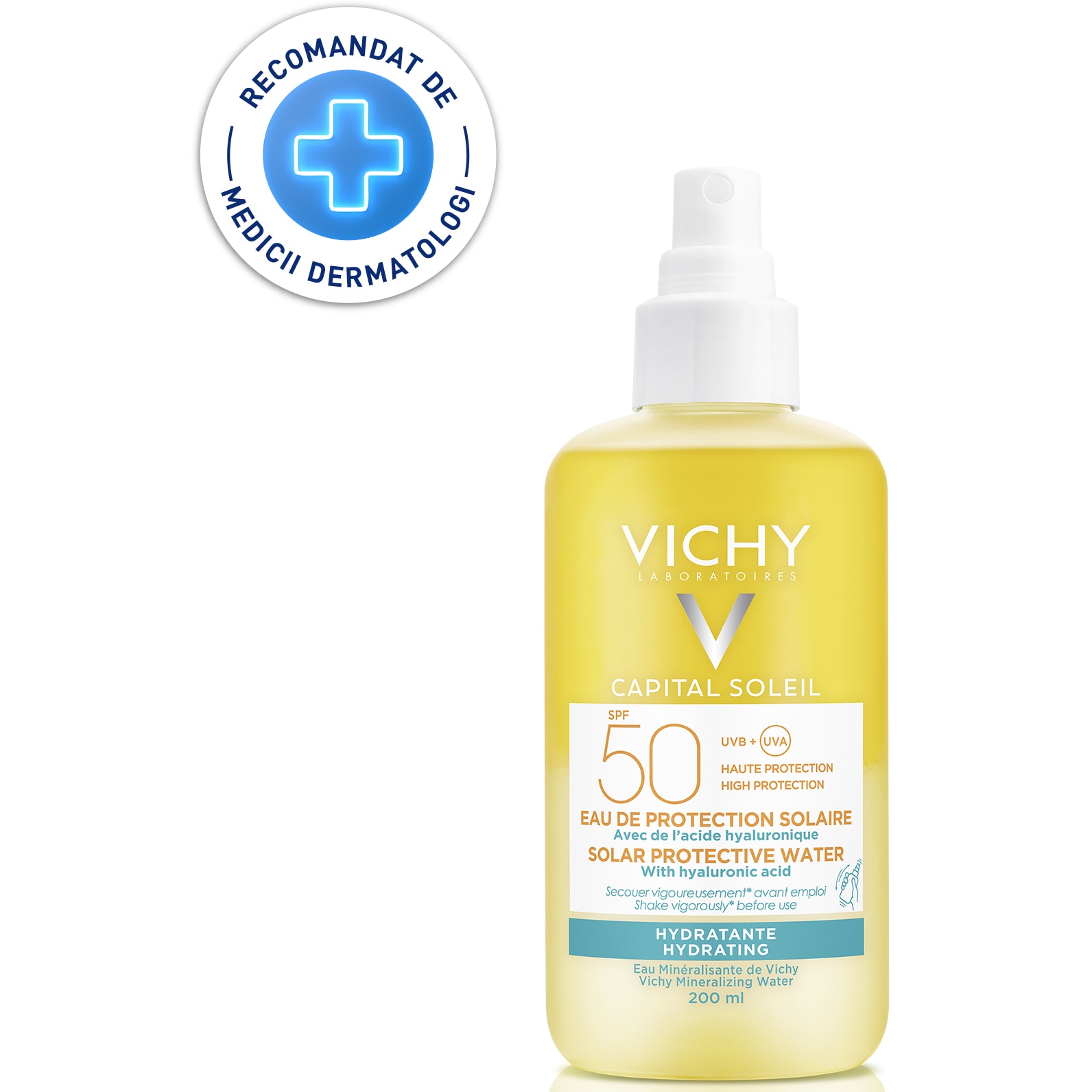 Produse pentru plaja - Vichy Capital Soleil Apa SPF 50 cu Acid Hialuronic 200 ml  , farmacieieftina.ro