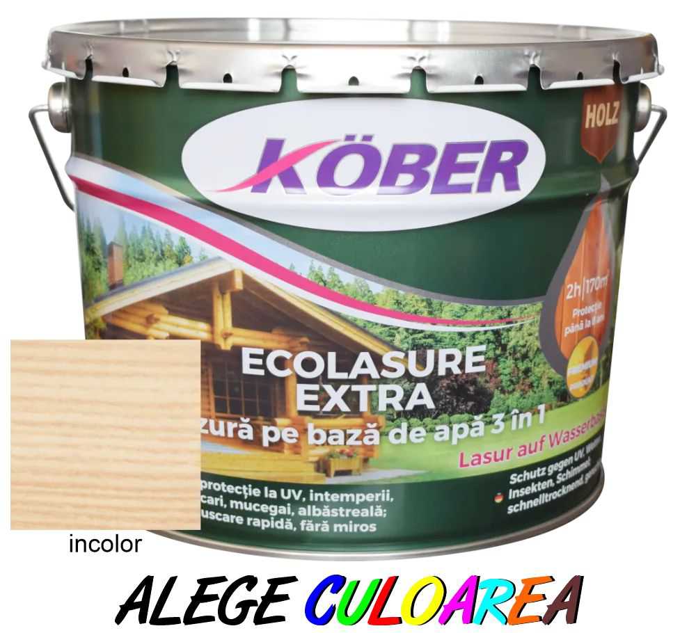 Lac protector / Lazura 3 in 1 pentru lemn, Kober Ecolasure Extra, pe baza de apa, int/ext, incolor, 10 L