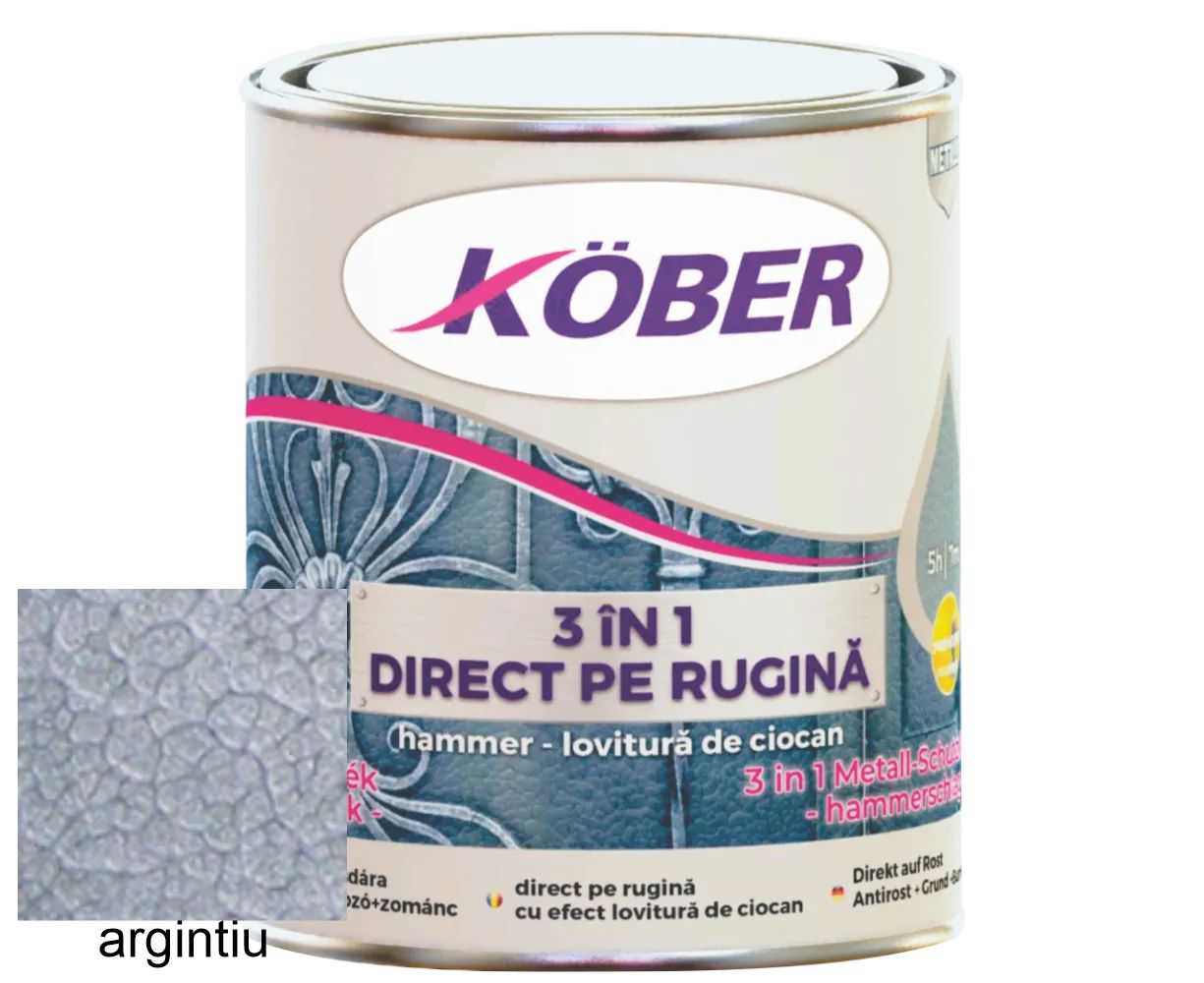 Vopsea alchidica pentru metal, Kober 3 in 1 Hammer, efect Lovitura de ciocan, int/ext, argintiu, 0.75 L