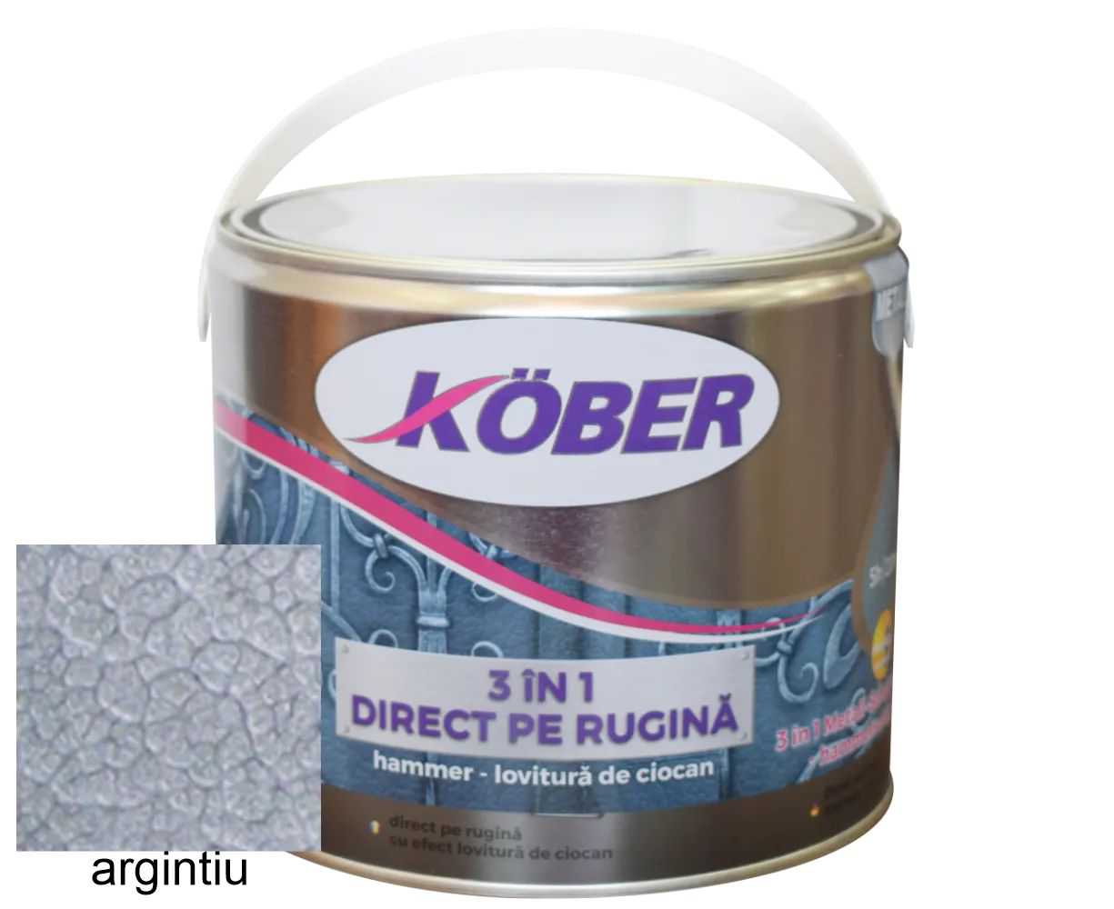 Vopsea alchidica pentru metal, Kober 3 in 1 Hammer, efect Lovitura de ciocan, int/ext, argintiu, 2.5 L