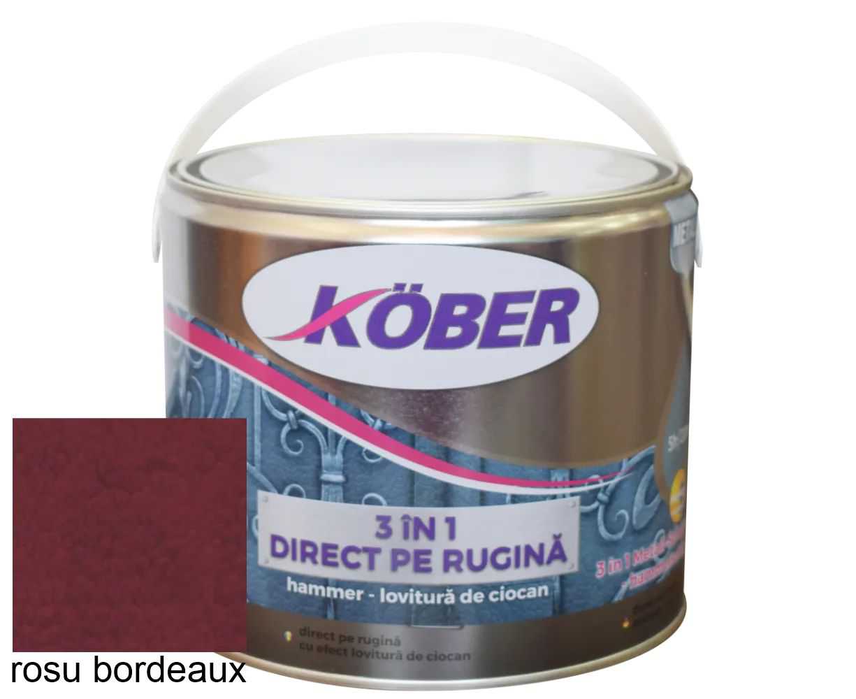Vopsea alchidica pentru metal, Kober 3 in 1 Hammer, efect Lovitura de ciocan, int/ext, rosu bordeaux, 19 L