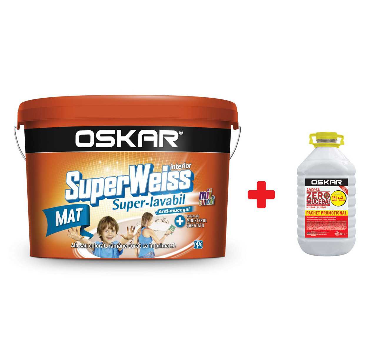 Vopsea super-lavabila interior, OSKAR Superweiss anti-mucegai, alb mat, 15 L + Amorsa 4 L