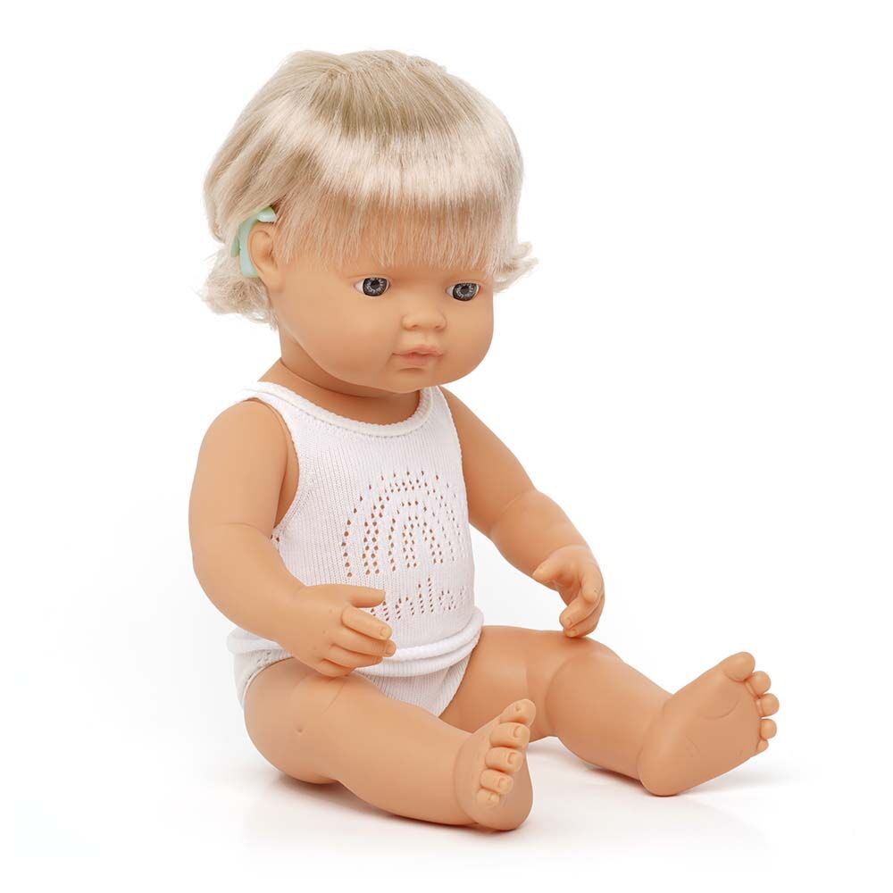Păpușă bebeluș caucazian cu aparat auditiv – set cu lenjerie intimă, 38 cm imagine 2022