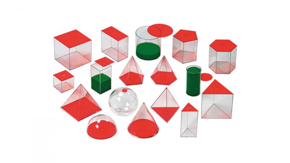 Set de 17 corpuri geometrice  transparente cu baza detașabilă, 10 cm