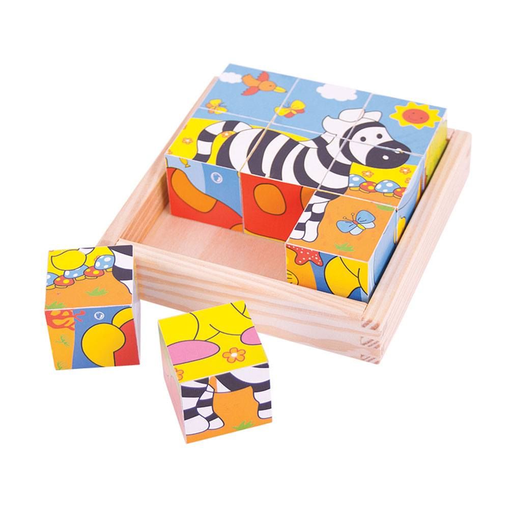 6 puzzle-uri din 9 cuburi de lemn - safari