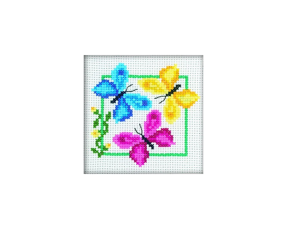 Set goblen cu diagramă, ață și ac - Trei fluturi (9x9 cm)