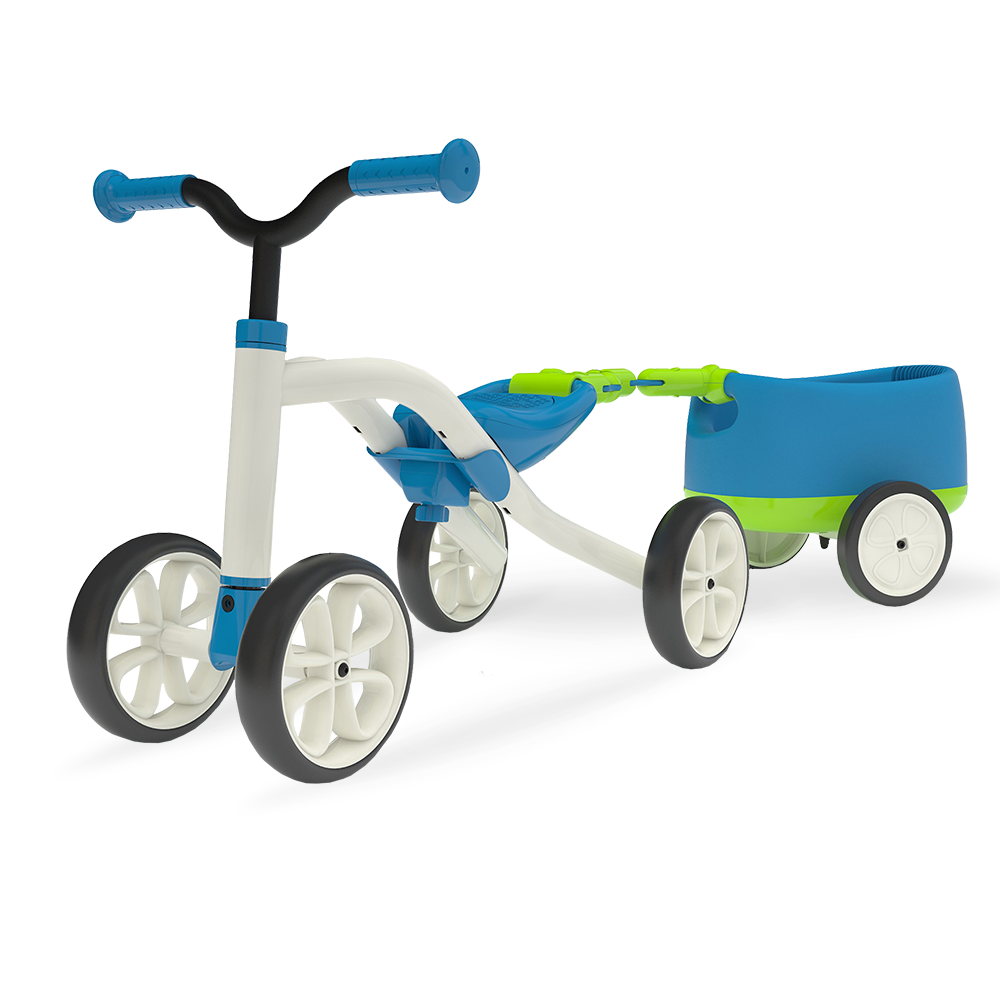 Bicicletă albastră cu 4 roți, fără pedale, reglabilă pe înalțime, cu remorcă detașabilă edituradiana.ro