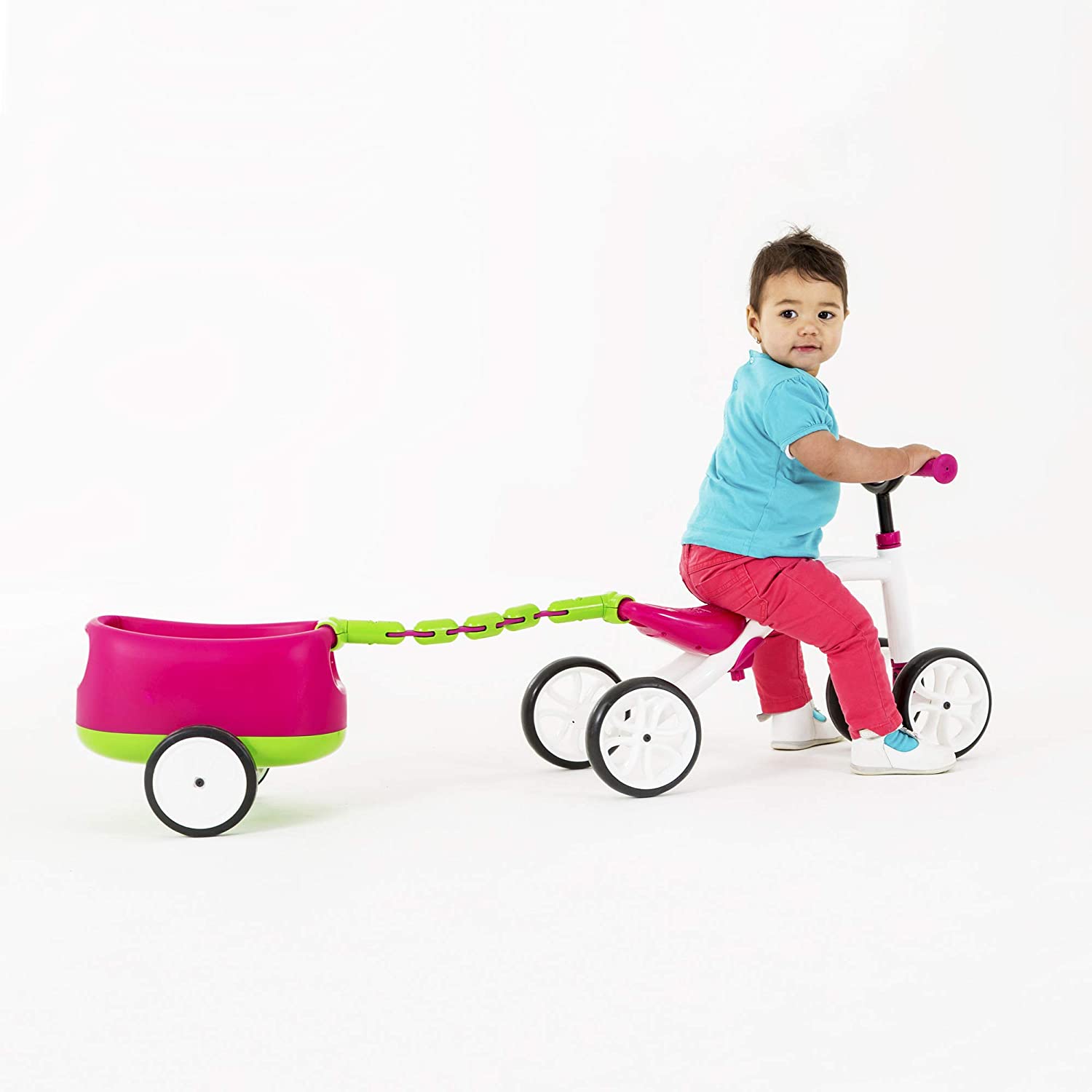 Bicicletă roz cu 4 roți, fără pedale, reglabilă pe înălțime și remorcă detașabilă – Quadie Trailie Bicicletă