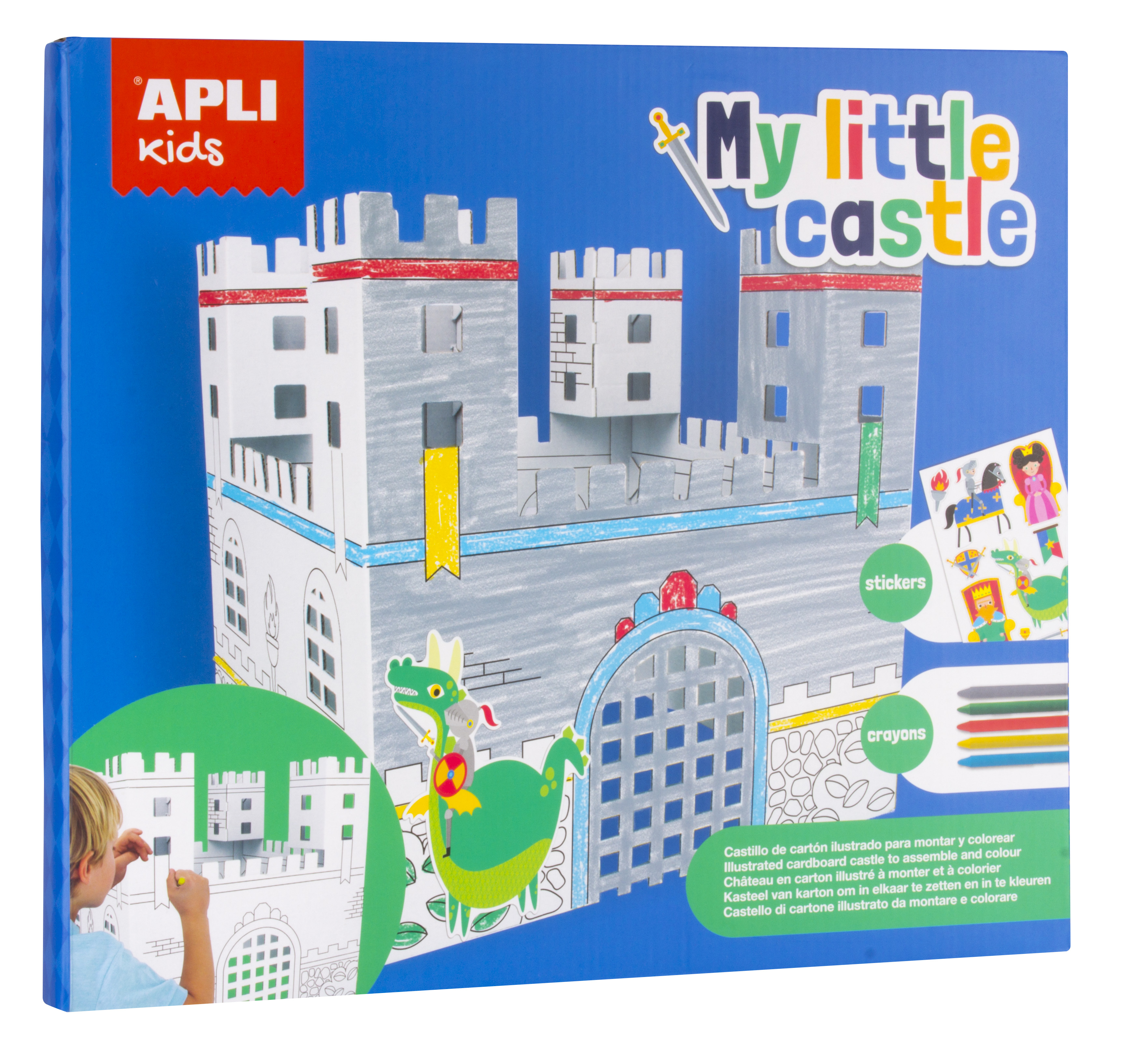 Castel din carton de asamblat și colorat cu 5 creioane colorate cerate și stickere Castel din carton de asamblat și colorat cu 5 creioane colorate cerate și stickere