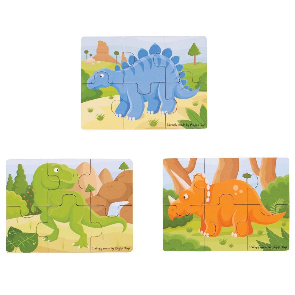 3 puzzle-uri din câte 6 piese de lemn - Dinozauri