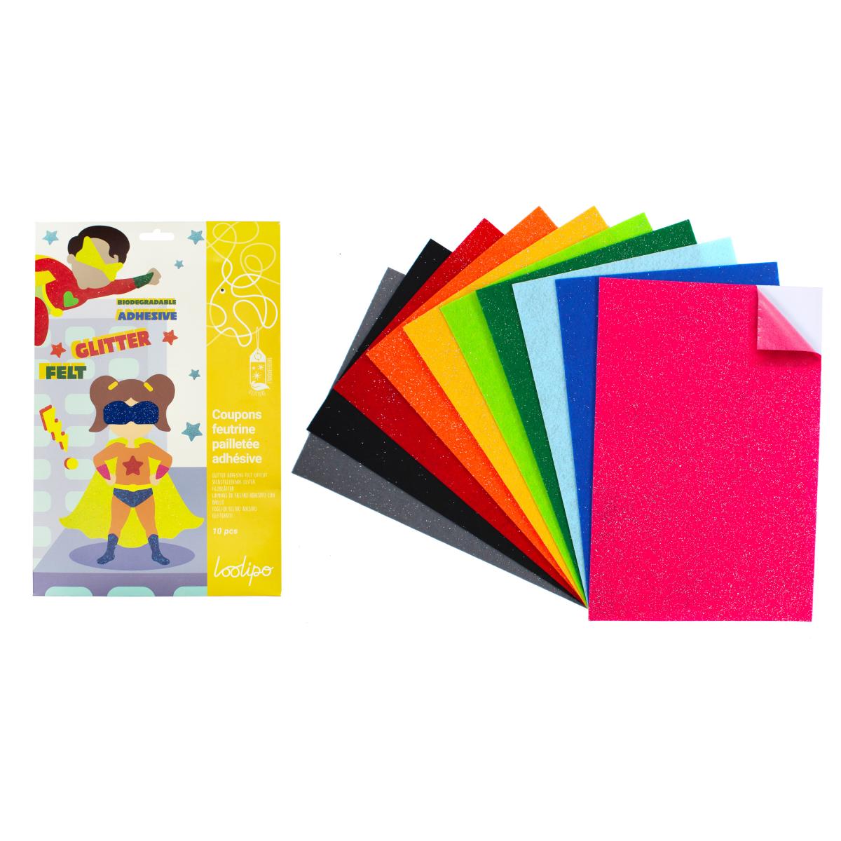 Fetru adeziv cu sclipici - 10  culori asortate, 20 x 30 cm