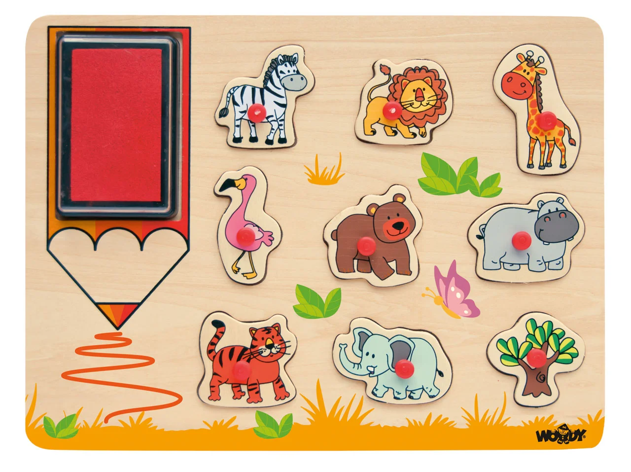 Set de 9 ștampile din lemn cu animale din Africa și tușieră