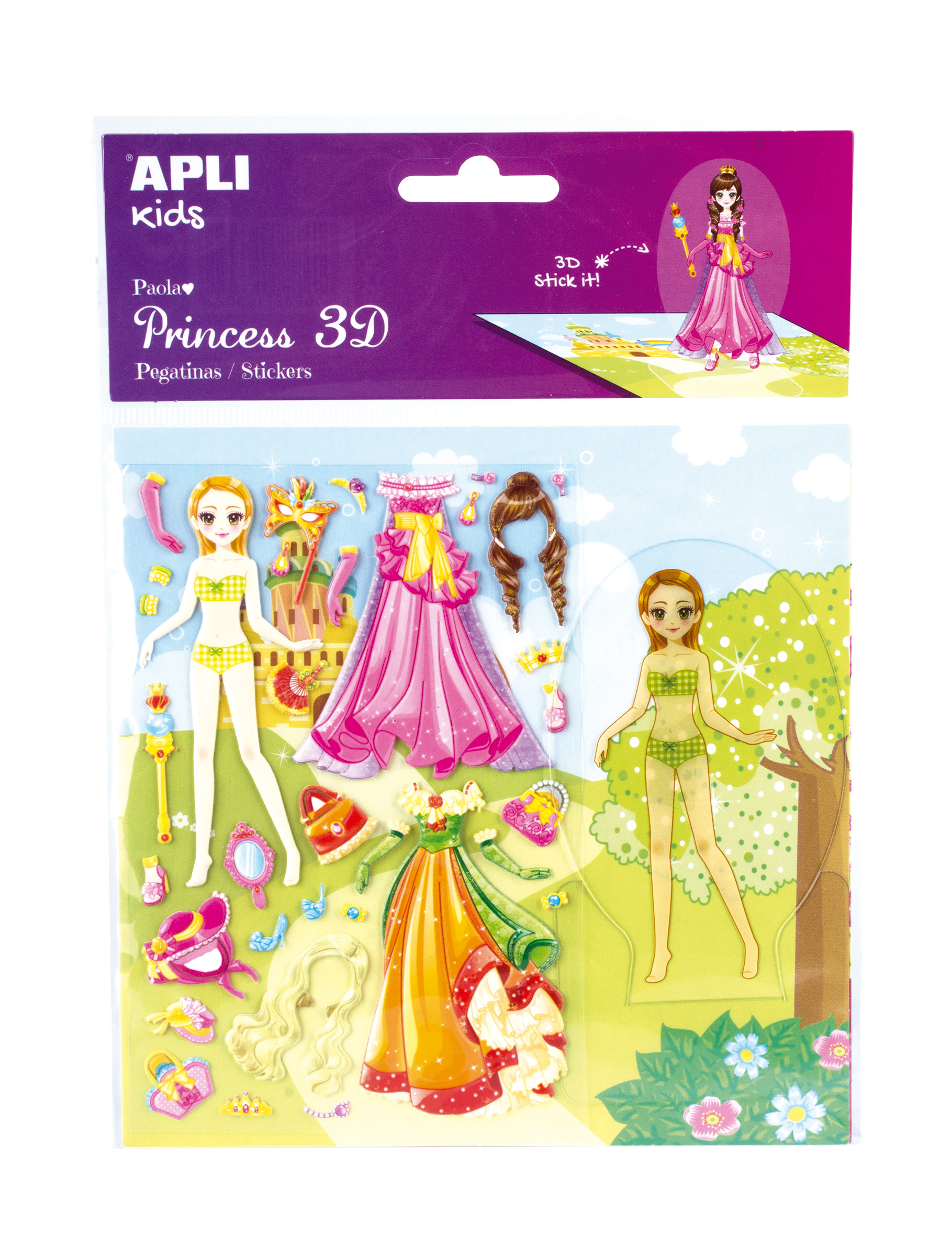 Joc cu 34 de stickere 3d reutilizabile, 2 scene și 1 suport transparent din plastic - Îmbrac-o pe paola