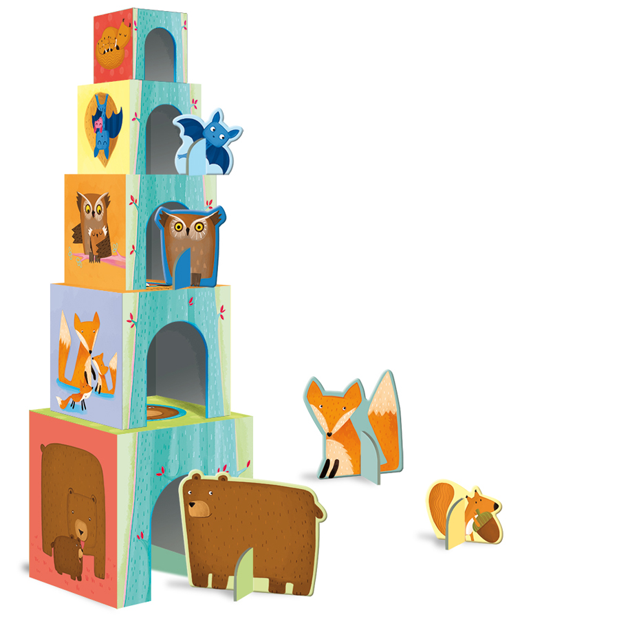 Set de 5 cuburi stivuibile, 5 figurine + carte – Puii animalelor din pădure animalelor