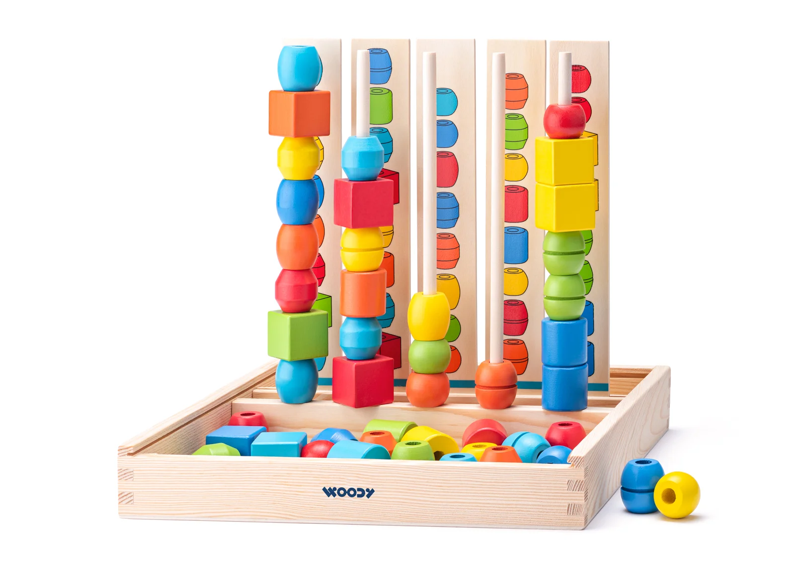 Joc logic de înemânare cu 55 de piese colorate din lemn și șabloane