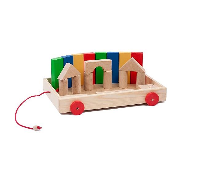 Jucărie din lemn cu roți - Remorcă cu piese de construit