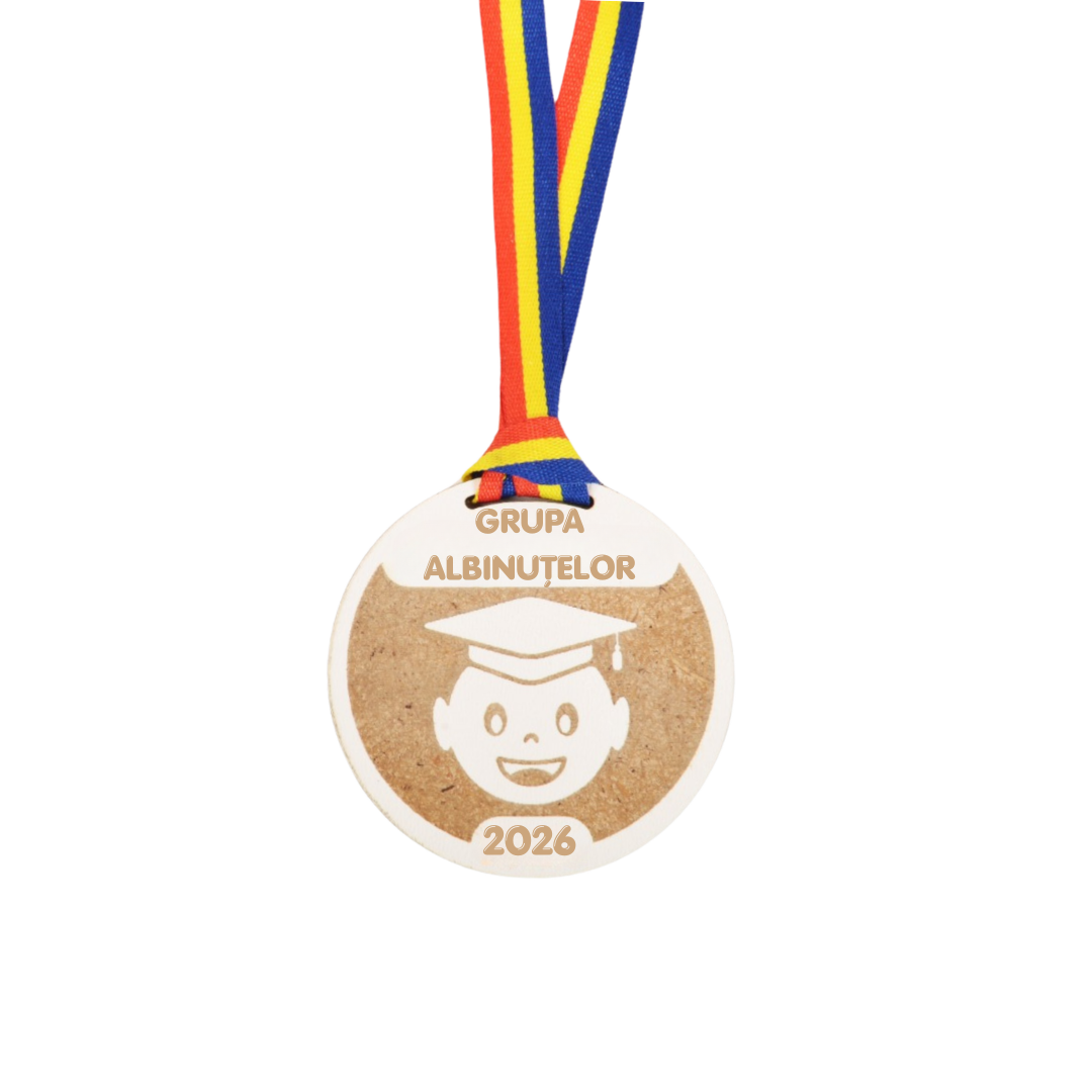 Medalie personalizată din lemn gravat cu șnur tricolor