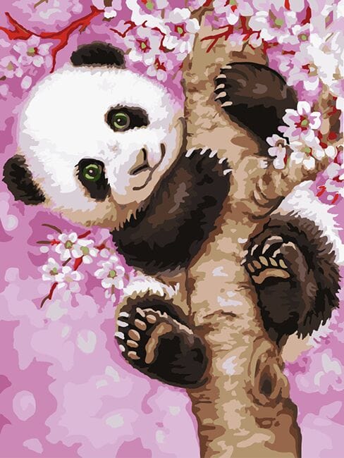 Pictură pe numere - Ursulețul Panda în cireșul înflorit, 30 x 40 cm