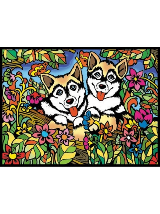Planșă de colorat din catifea, cu 12 carioci – Cățeluși husky (35 x 47 cm)
