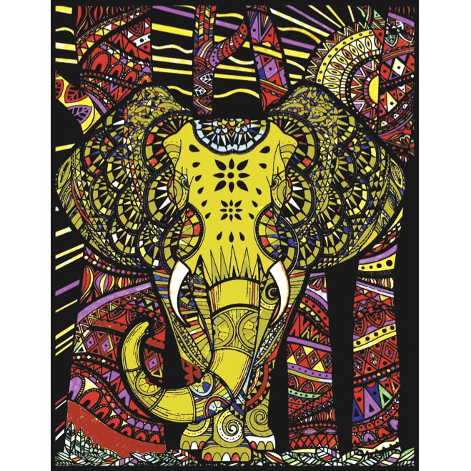 Planșă de colorat din catifea, cu 12 carioci – Elefant cu motive tribale (47 x 35 cm) edituradiana.ro
