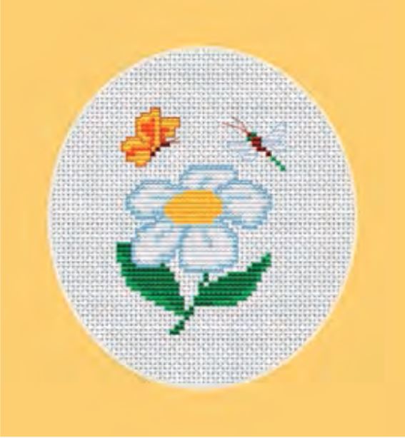 Prima mea broderie - Floare de romaniță cu fluture și libelulă