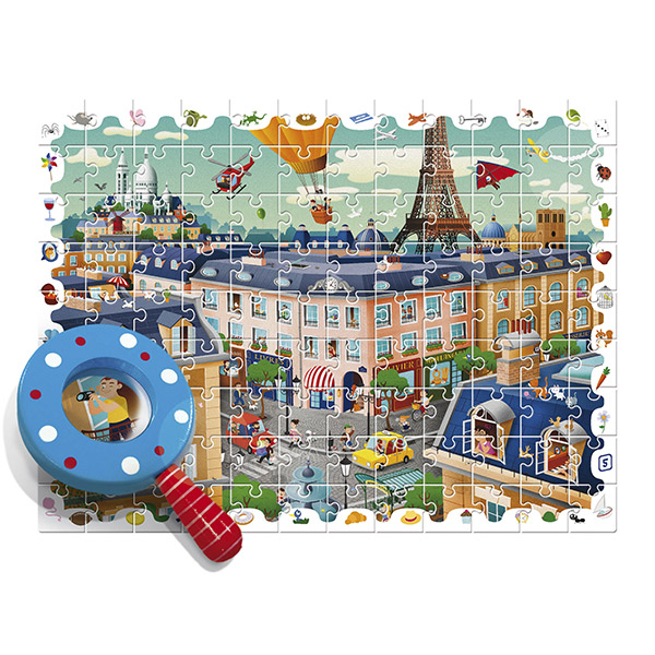 Puzzle cu 108 piese și o lupă cu mâner din lemn - detectiv în oraș