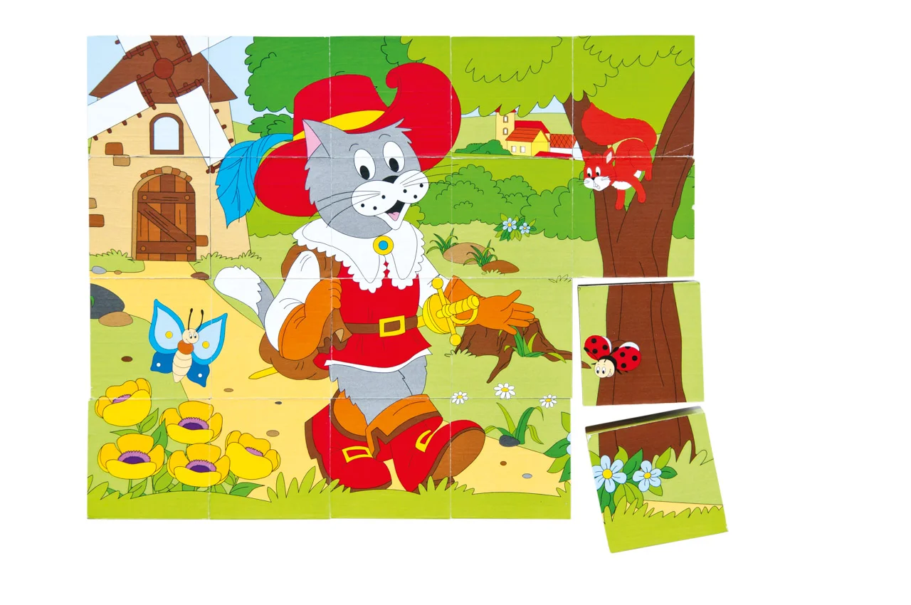 Puzzle cu 20 de cuburi colorate din lemn - 6 povești clasice