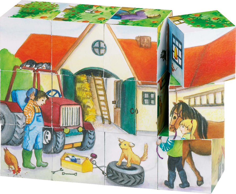 Puzzle din cuburi de lemn - viața la fermă