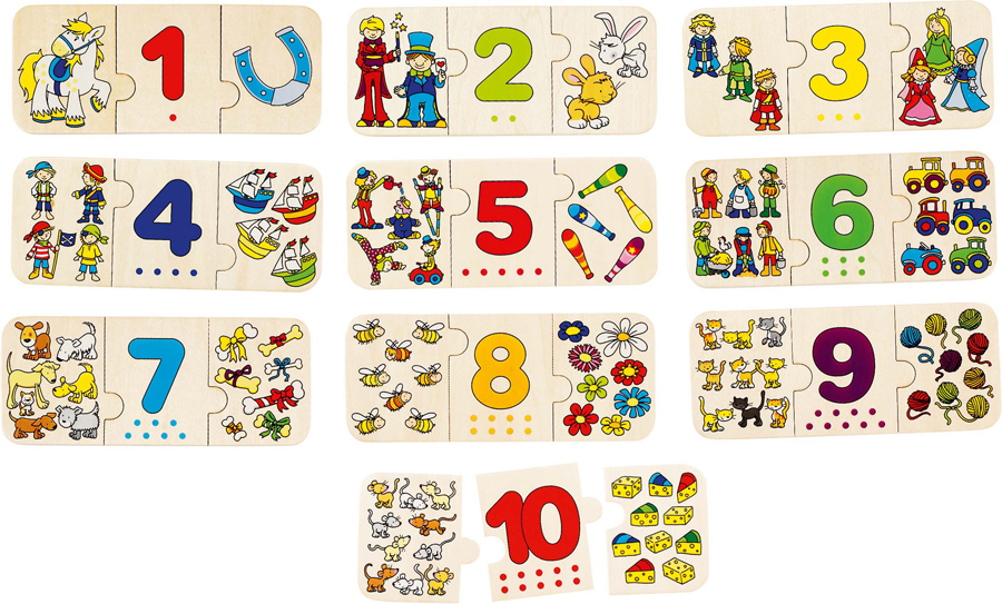 Set de 10 puzzle-uri a cate 3 piese din lemn – Numere și cantități edituradiana.ro