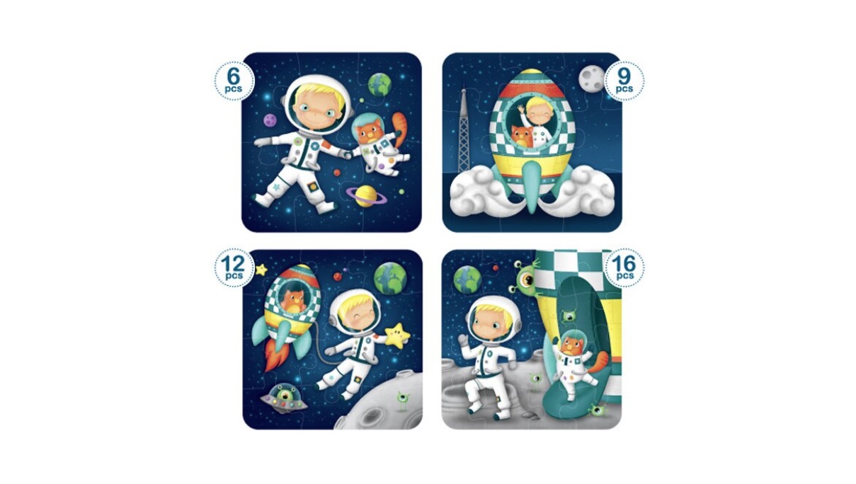 Vezi detalii pentru Set de 4 puzzle-uri progresive de 6, 9, 12 și 16 piese - Micul astronaut